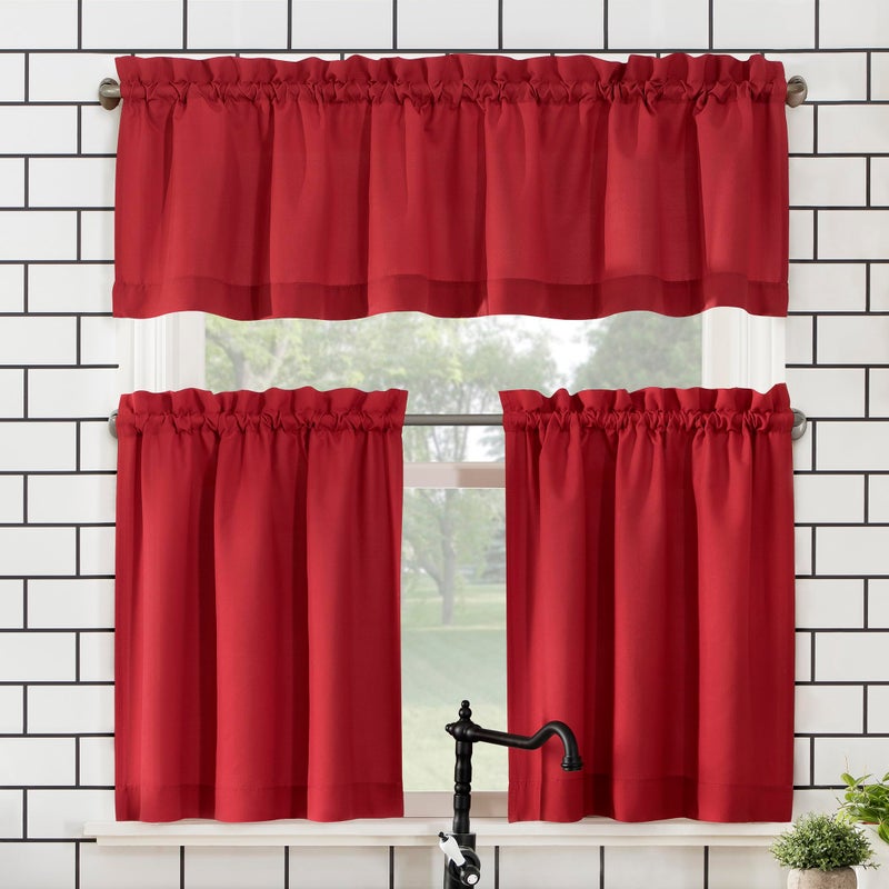No. 918 Martine Microfiber Semi-Sheer Rod Pocket Kitchen Curtain Valance and Tiers Set, 54" x 45", Red - Image 1